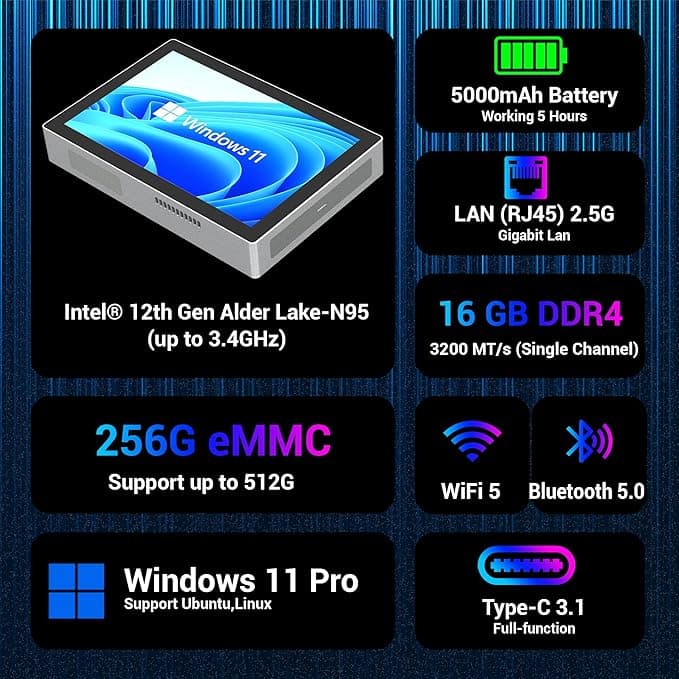 TiGOLE F9B-512 Windows 11 Pro Tablet PC, Intel N100 Processor, 16GB RAM, 256GB SSD, 10.1-Inch Touchscreen, 12V DC Charging 2