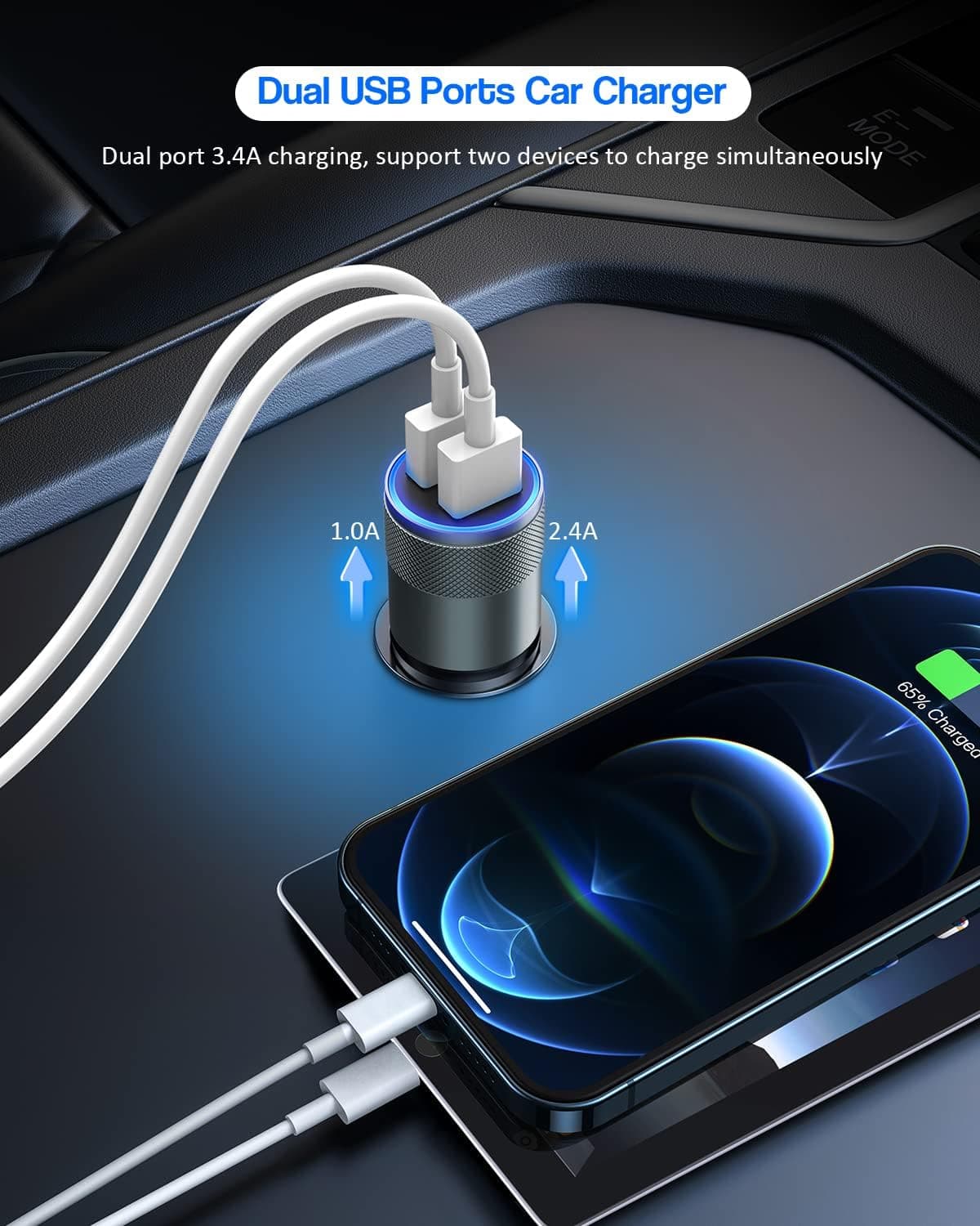 Apple MFi Certified iPhone Car Charger, 3.4A Fast Charge Dual Port USB Cargador Carro Lighter Adapter, Metal Cigarette Lighter [2Pack] Lightning Cable for iPhone/iPad/Airpods