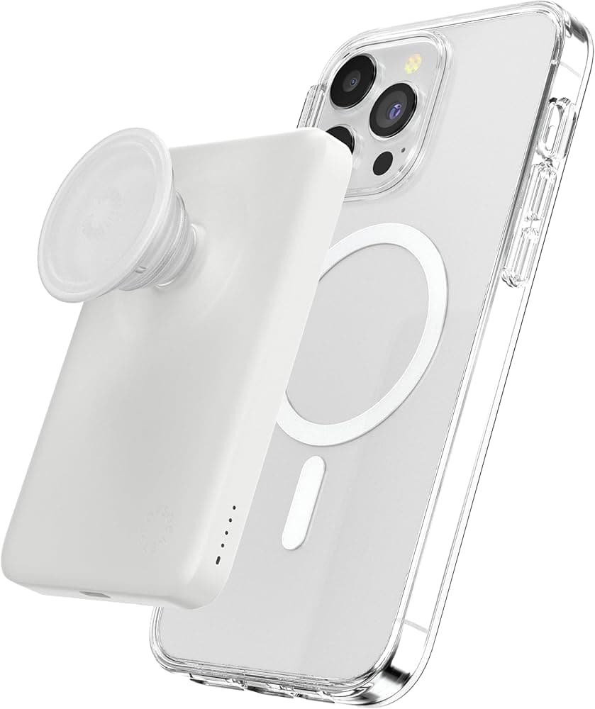 PopSockets - x Anker MagGo 5000 mAh Portable Magnetic Battery Charger with Grip for MagSafe Compatible Devices - White and Clear