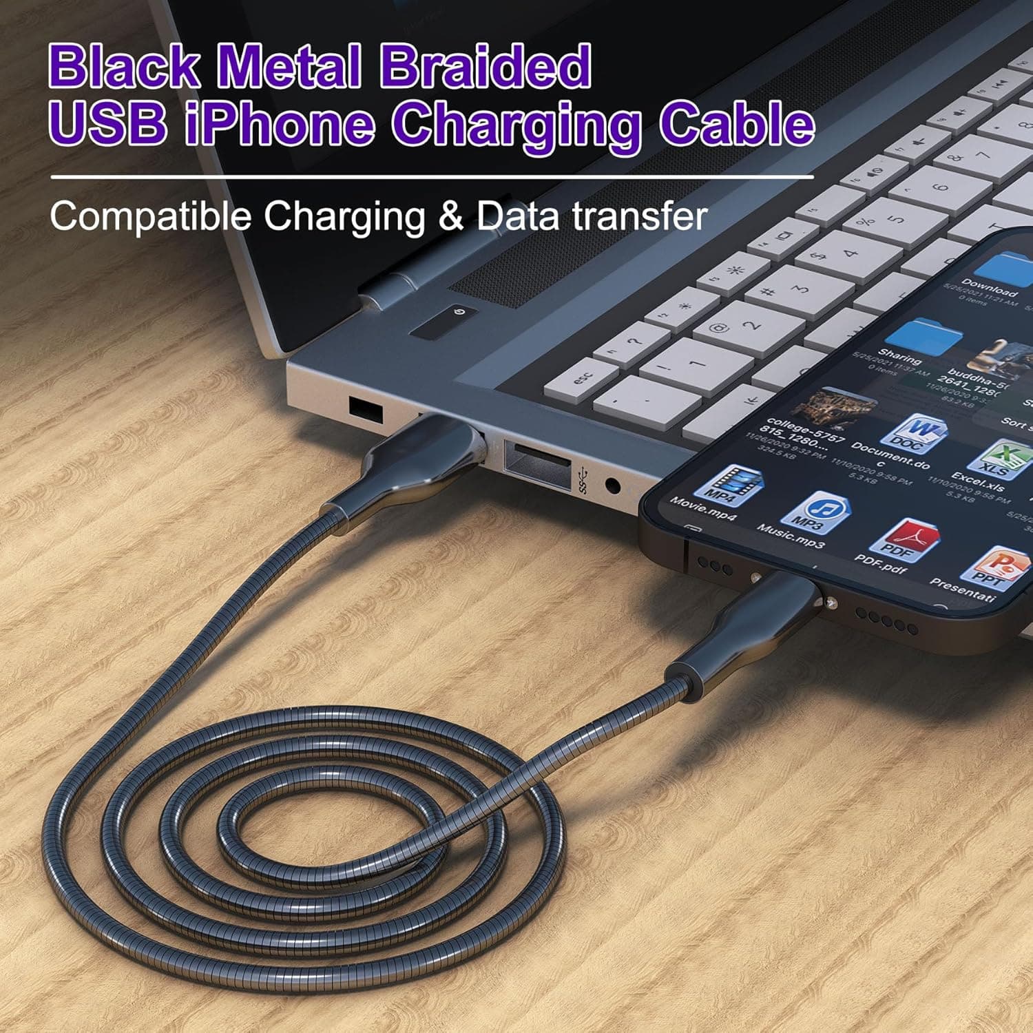 BMON Metal Braided Nylon USB-A to Lightning Cable, 120W Fast Charging & Data Sync Cable, 1M (3.3FT), Durable Aluminum Alloy Connector for iPhone and Apple Devices – Black 3