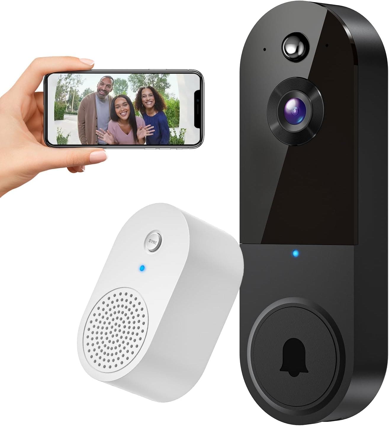 1080P Video Doorbell Camera Wireless with Doorbell Receiver, Cloud Storage, Live View, 2-Way Talk, Night Vision, 2.4Ghz WiFi Only, Indoor Surveillance, Real-Time Alert (Black) for both outdoor and indoor