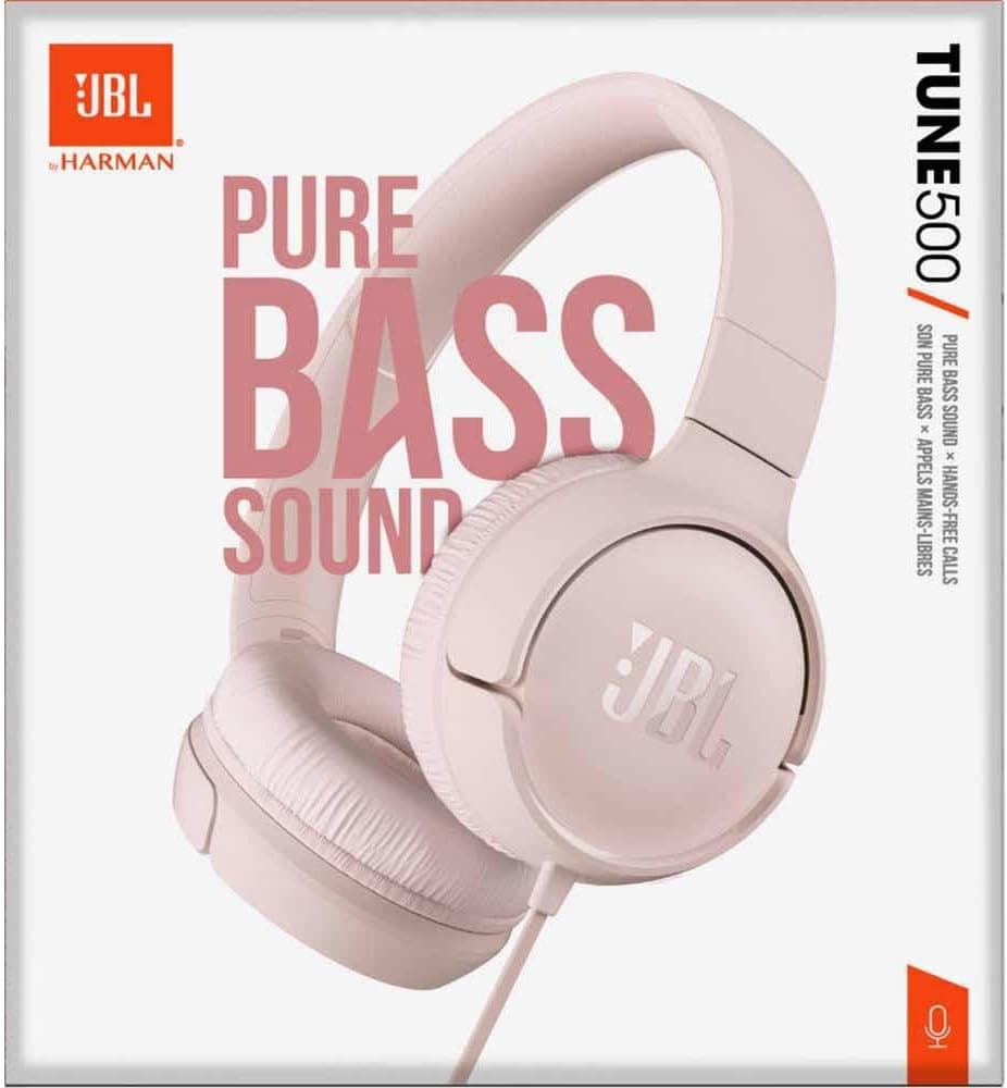 JBL Tune 500 On-Ear Lightweight Foldable Headphones with Pure Bass Sound, 1-Button Remote with Built-In Microphone, Pink