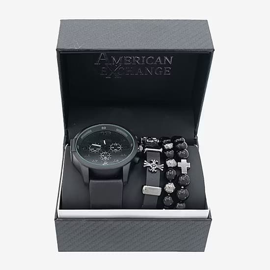 American Exchange Men's Chronograph Watch & Bracelet Gift Set – Black Stainless Steel 5-Piece Accessories Collection 3