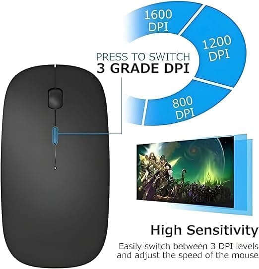 HP W10 Rechargable, Bluetooth & Wireless Dual Mode Mouse, 1600 DPI, Ergonomic Design, 10m Range, Ambidextrous, Long Battery Life 3