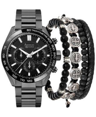 American Exchange Men's Chronograph Watch & Bracelet Gift Set – Black Stainless Steel 5-Piece Accessories Collection